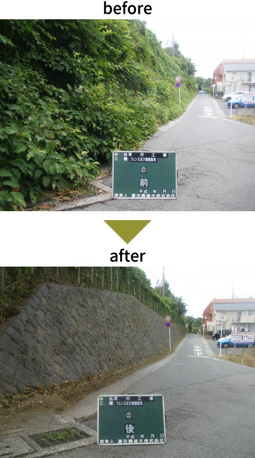 私立大学敷地の草刈りの写真 before after